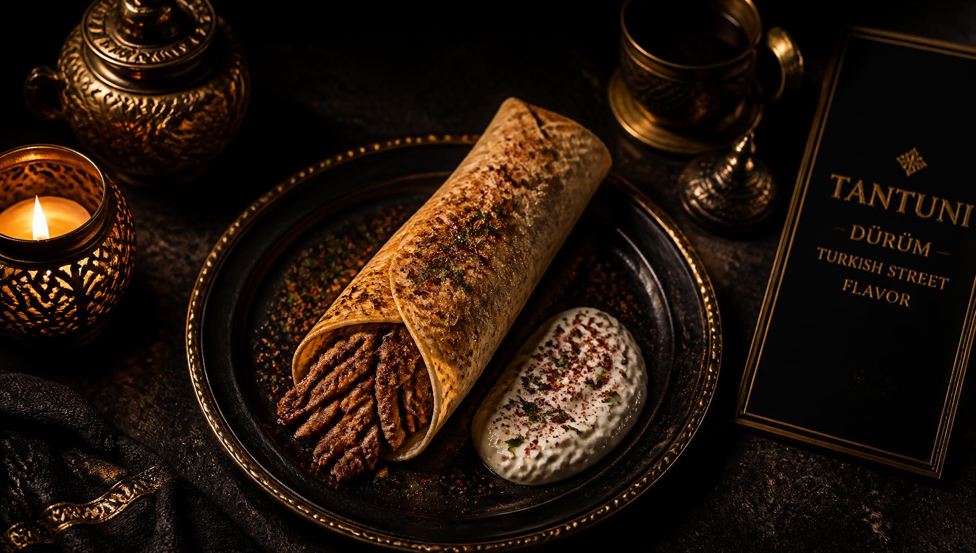 Tabakta yoğurtlu tantuni dürüm, mum ışığında